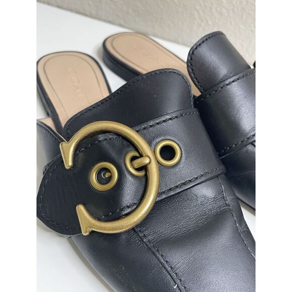 Coach Size 6.5 B Mule Flats Black Leather C Buckle Shoes G4833 Womens Slip On - Picture 2 of 16